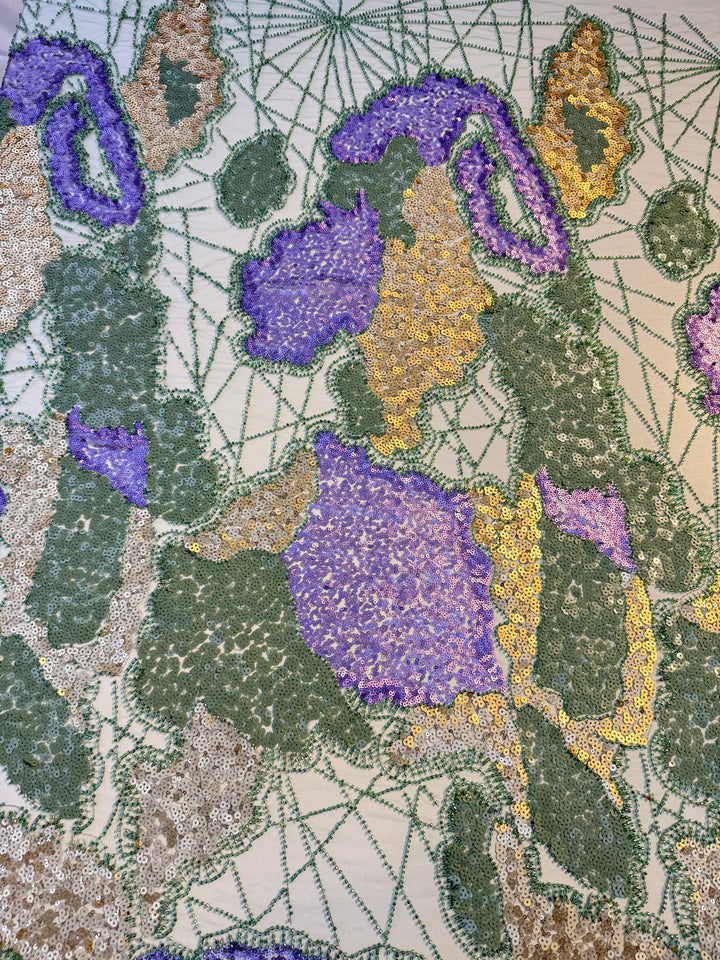 Luxury Multicolor Sequin & Beaded Tulle – Purple, Gold, Green & Beige Abstract Pattern ( 1 Piece = 2 Meter)