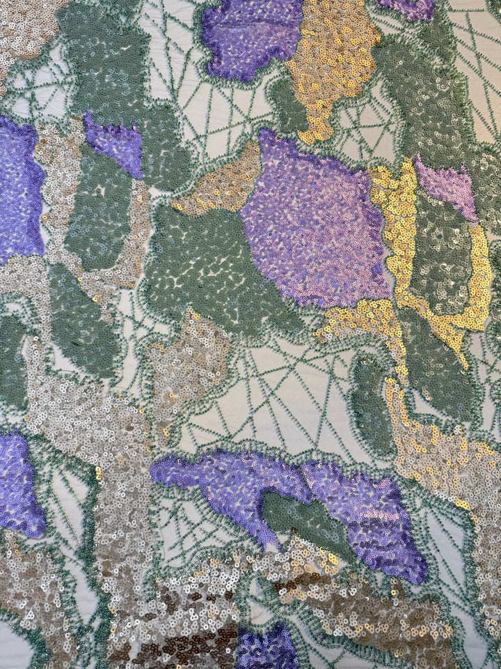 Luxury Multicolor Sequin & Beaded Tulle – Purple, Gold, Green & Beige Abstract Pattern ( 1 Piece = 2 Meter)