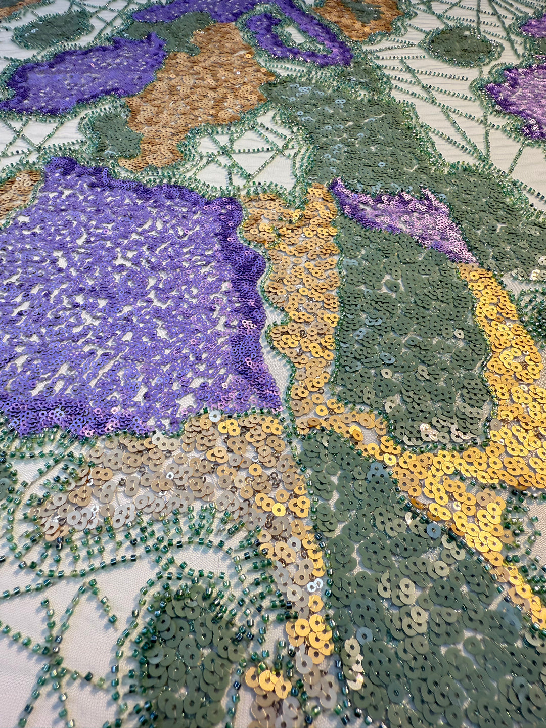 Luxury Multicolor Sequin & Beaded Tulle – Purple, Gold, Green & Beige Abstract Pattern ( 1 Piece = 2 Meter)
