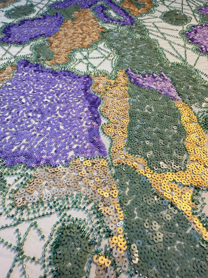 Luxury Multicolor Sequin & Beaded Tulle – Purple, Gold, Green & Beige Abstract Pattern ( 1 Piece = 2 Meter)