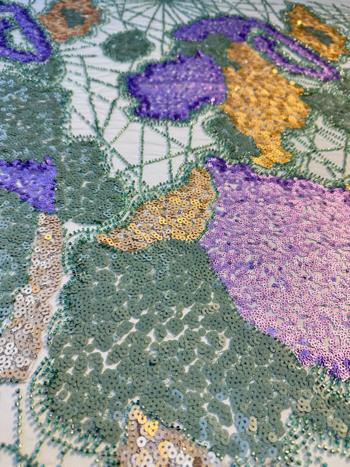 Luxury Multicolor Sequin & Beaded Tulle – Purple, Gold, Green & Beige Abstract Pattern ( 1 Piece = 2 Meter)