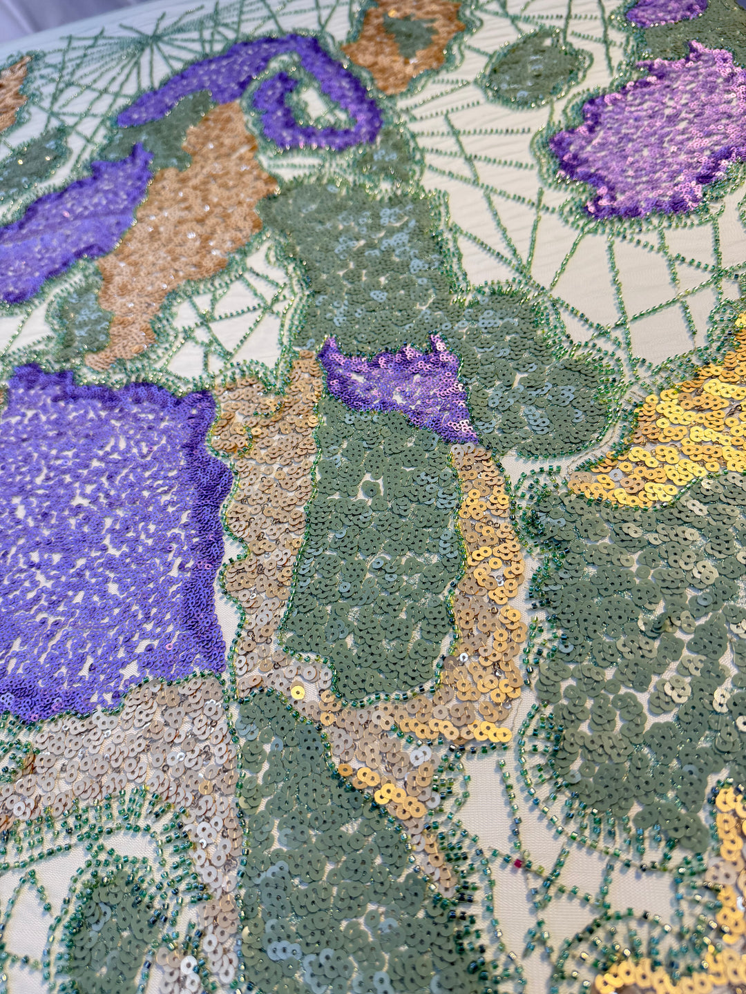 Luxury Multicolor Sequin & Beaded Tulle – Purple, Gold, Green & Beige Abstract Pattern ( 1 Piece = 2 Meter)