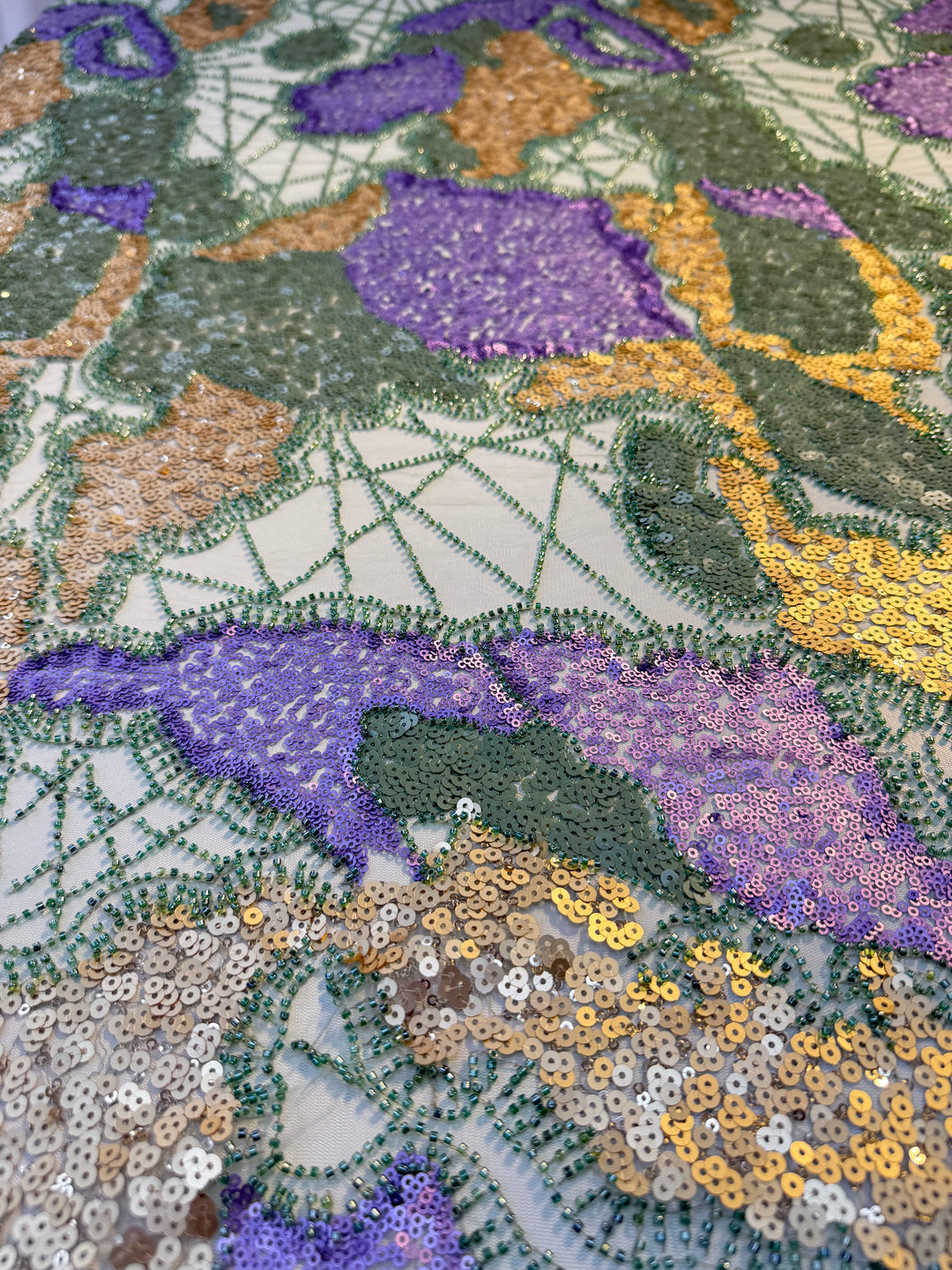 Luxury Multicolor Sequin & Beaded Tulle – Purple, Gold, Green & Beige Abstract Pattern ( 1 Piece = 2 Meter)