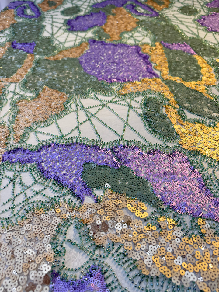 Luxury Multicolor Sequin & Beaded Tulle – Purple, Gold, Green & Beige Abstract Pattern ( 1 Piece = 2 Meter)
