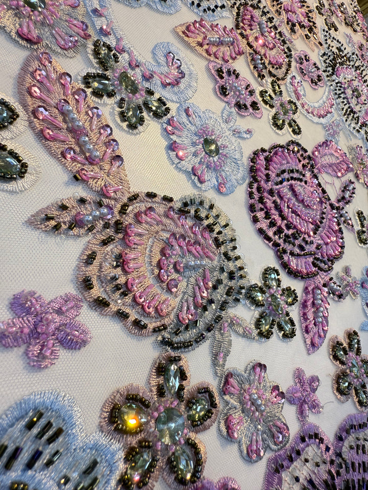 Luxury embroidered floral lace with 3D beadwork and sequins (1 Piece = 3 Meter)