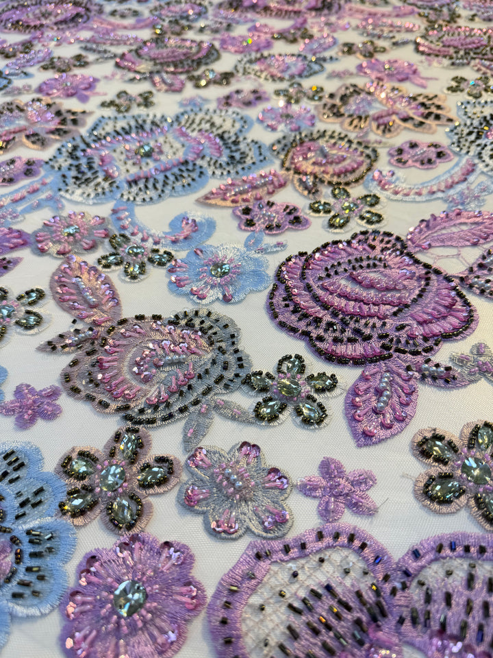 Luxury embroidered floral lace with 3D beadwork and sequins (1 Piece = 3 Meter)