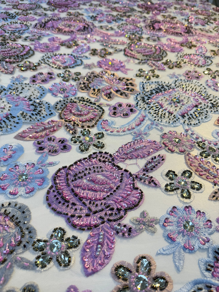 Luxury embroidered floral lace with 3D beadwork and sequins (1 Piece = 3 Meter)
