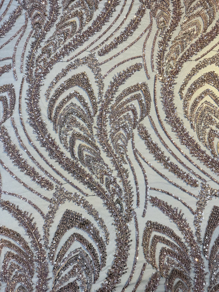 Luxury Blush Gold Sequin Embroidered Tulle Fabric – Feather & Leaf Pattern ( 1 piece = 4 Meter)