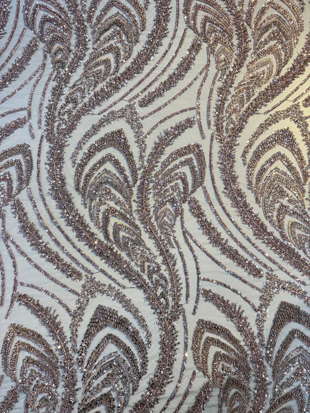 Luxury Blush Gold Sequin Embroidered Tulle Fabric – Feather & Leaf Pattern ( 1 piece = 4 Meter)