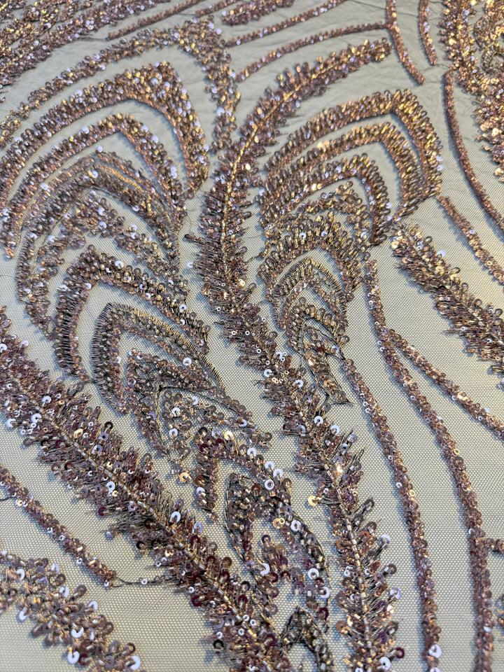 Luxury Blush Gold Sequin Embroidered Tulle Fabric – Feather & Leaf Pattern ( 1 piece = 4 Meter)