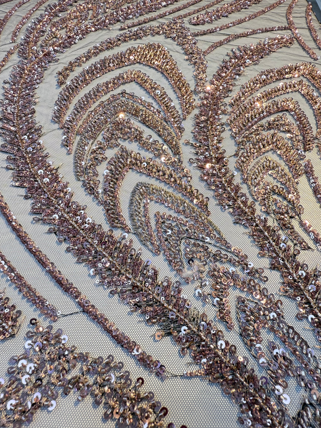 Luxury Blush Gold Sequin Embroidered Tulle Fabric – Feather & Leaf Pattern ( 1 piece = 4 Meter)