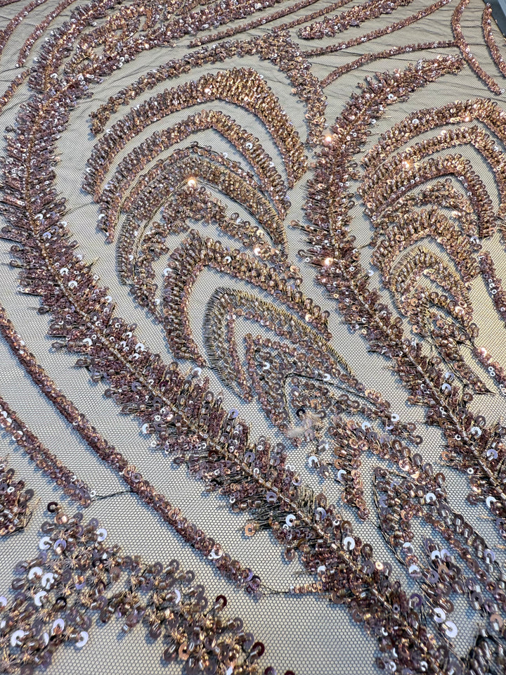 Luxury Blush Gold Sequin Embroidered Tulle Fabric – Feather & Leaf Pattern ( 1 piece = 4 Meter)