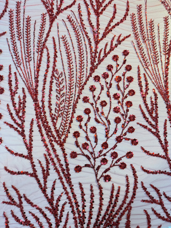 Luxury Red Sequin Floral Embroidered Tulle Fabric – Haute Couture Evening & Bridal Wear