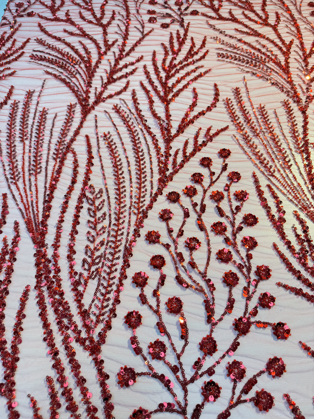Luxury Red Sequin Floral Embroidered Tulle Fabric – Haute Couture Evening & Bridal Wear