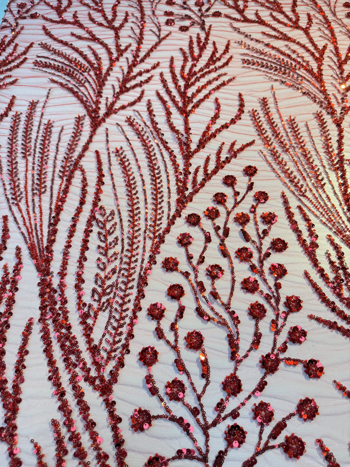 Luxury Red Sequin Floral Embroidered Tulle Fabric – Haute Couture Evening & Bridal Wear