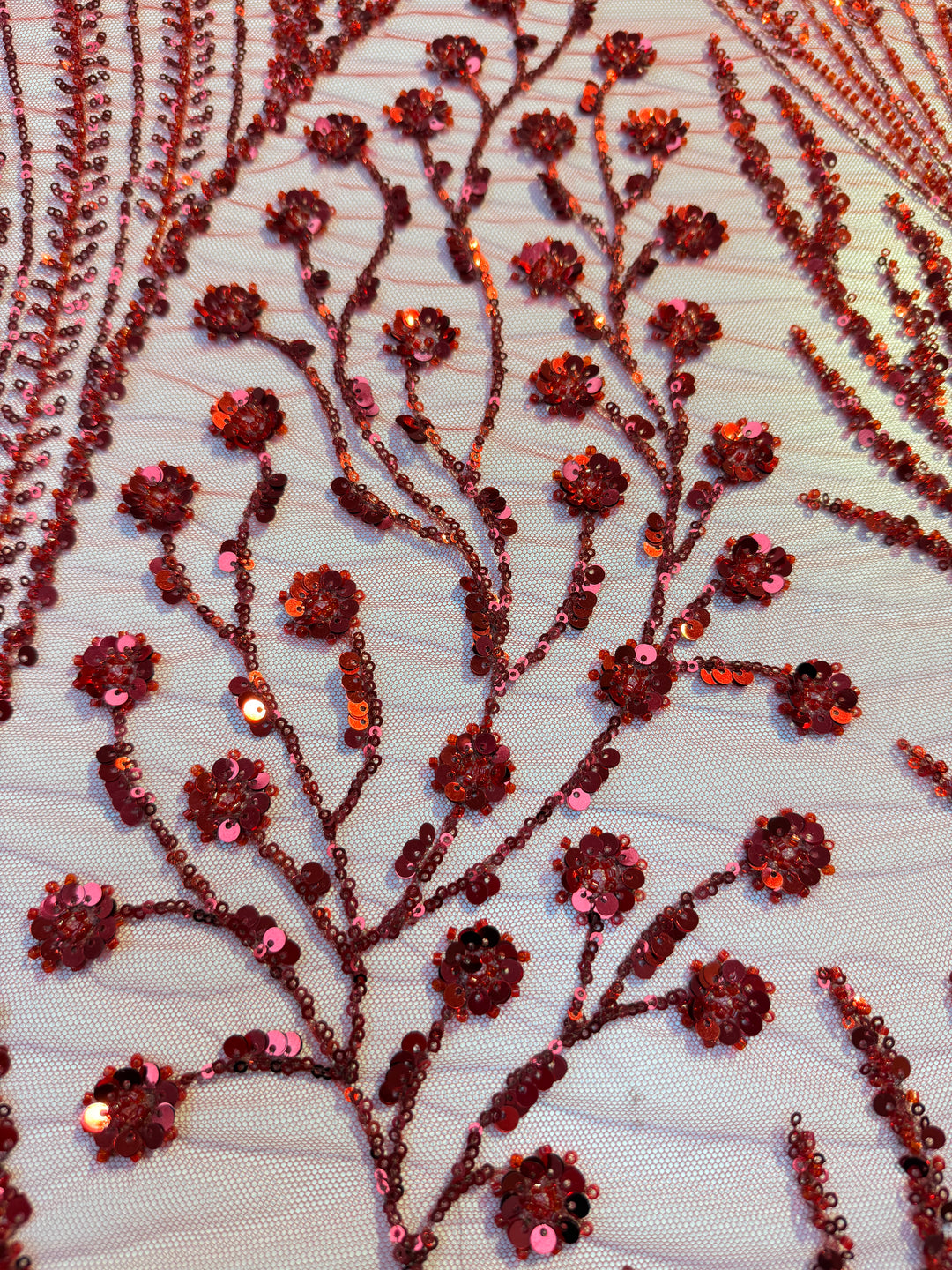 Luxury Red Sequin Floral Embroidered Tulle Fabric – Haute Couture Evening & Bridal Wear