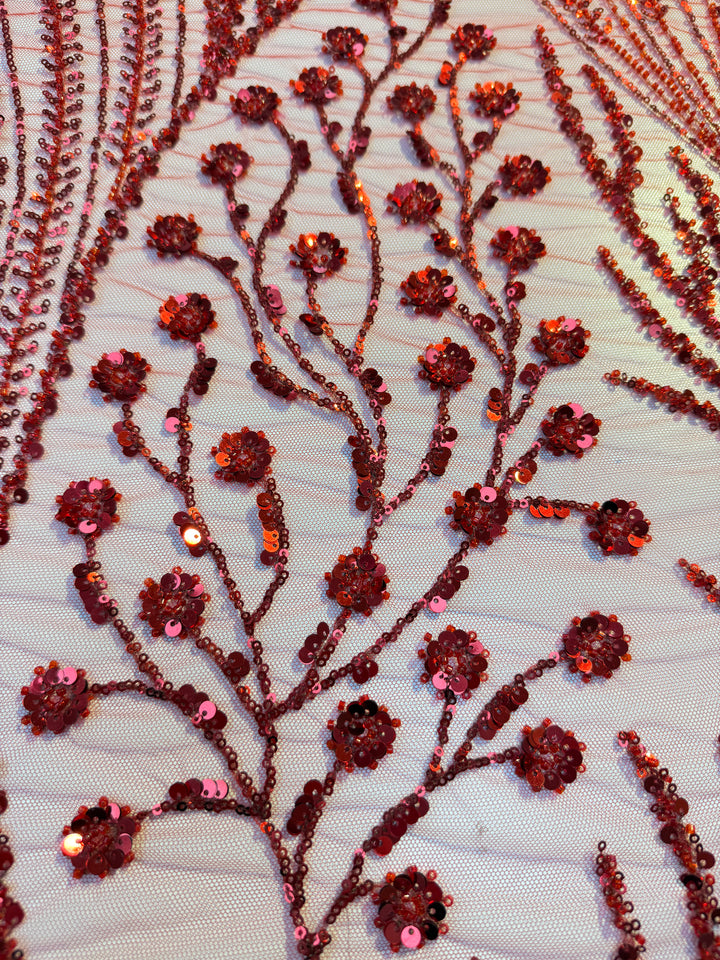 Luxury Red Sequin Floral Embroidered Tulle Fabric – Haute Couture Evening & Bridal Wear