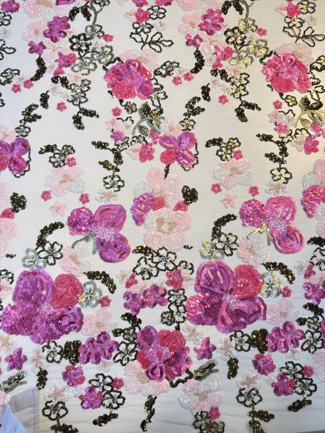 Luxury Pink & Gold Floral Sequin Embroidered Tulle Fabric (1 Piece = 2 Meter)