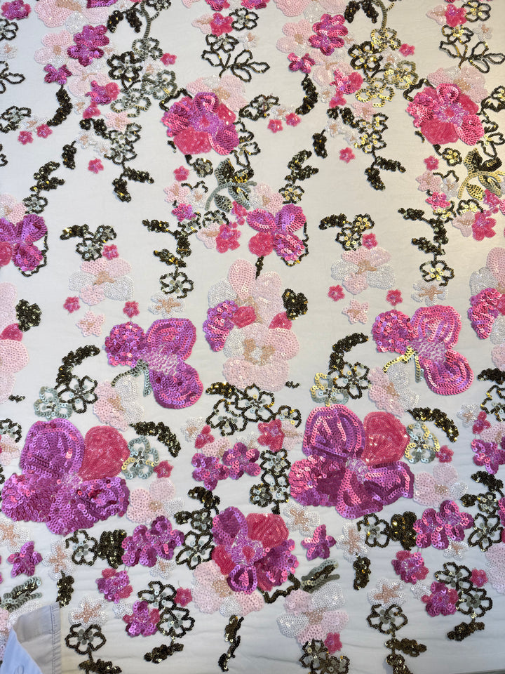 Luxury Pink & Gold Floral Sequin Embroidered Tulle Fabric (1 Piece = 2 Meter)