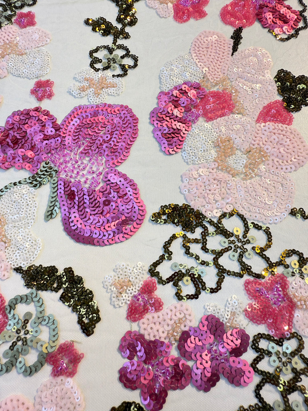 Luxury Pink & Gold Floral Sequin Embroidered Tulle Fabric (1 Piece = 2 Meter)