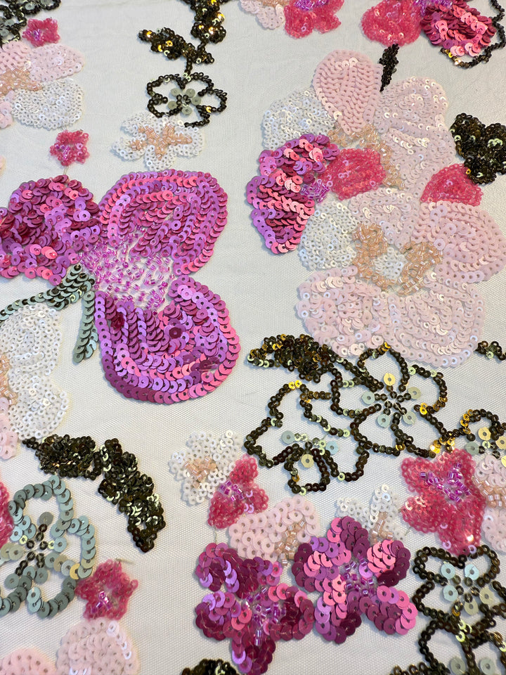 Luxury Pink & Gold Floral Sequin Embroidered Tulle Fabric (1 Piece = 2 Meter)