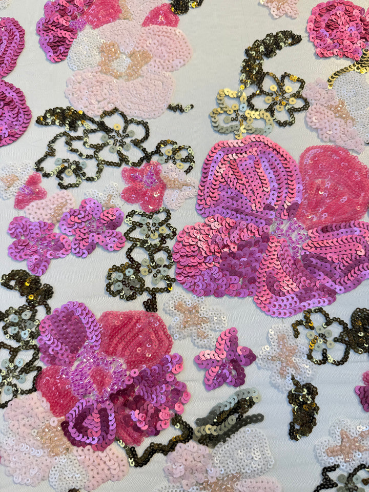 Luxury Pink & Gold Floral Sequin Embroidered Tulle Fabric (1 Piece = 2 Meter)