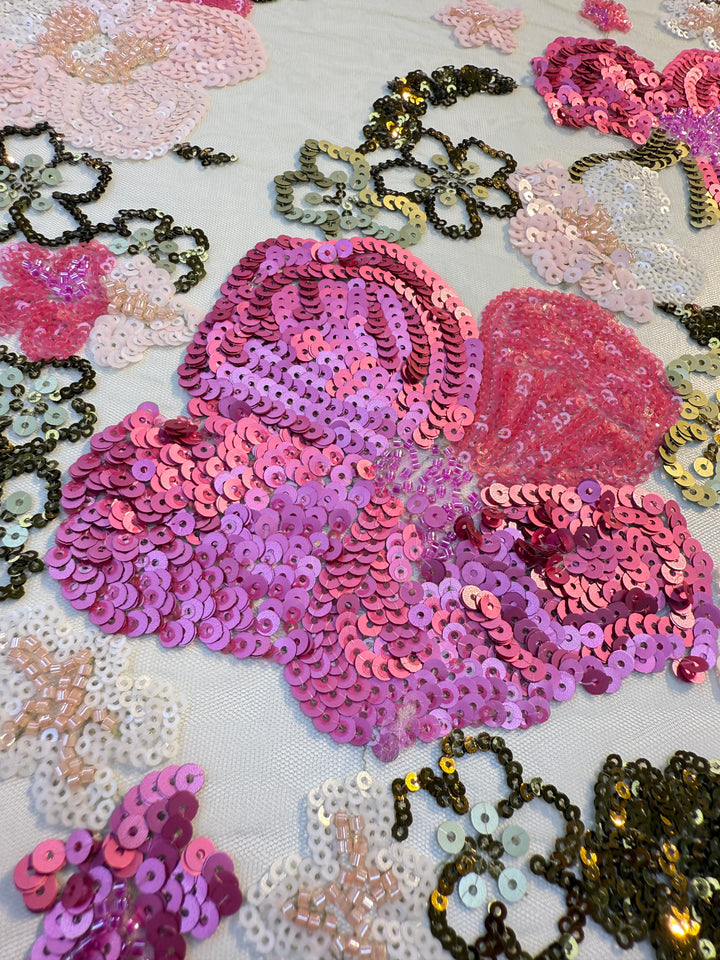 Luxury Pink & Gold Floral Sequin Embroidered Tulle Fabric (1 Piece = 2 Meter)