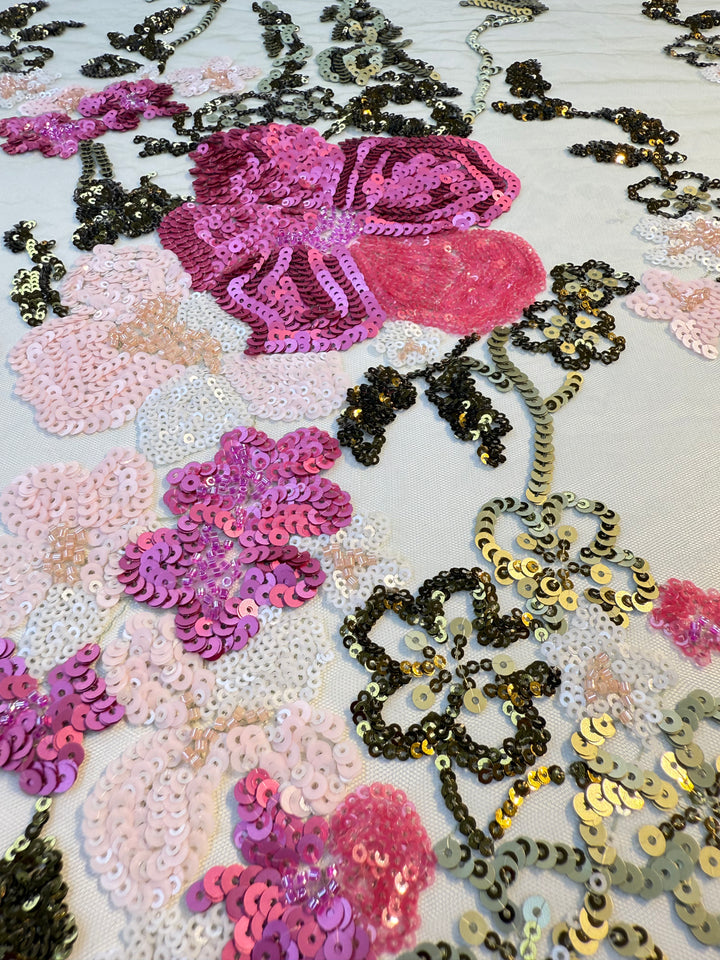 Luxury Pink & Gold Floral Sequin Embroidered Tulle Fabric (1 Piece = 2 Meter)