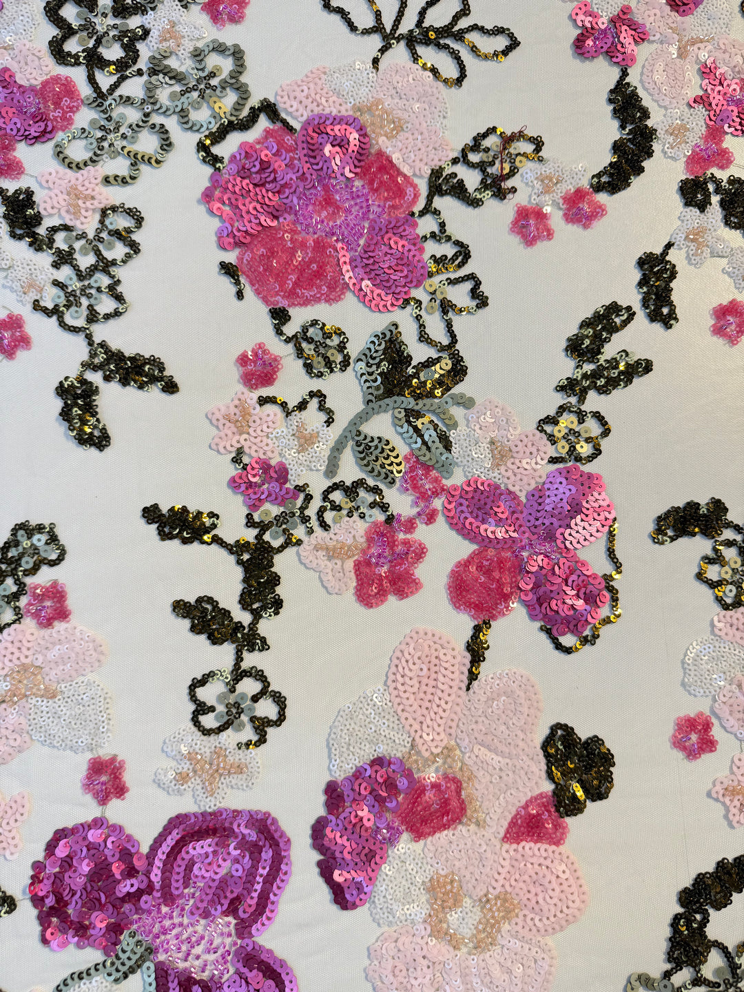 Luxury Pink & Gold Floral Sequin Embroidered Tulle Fabric (1 Piece = 2 Meter)