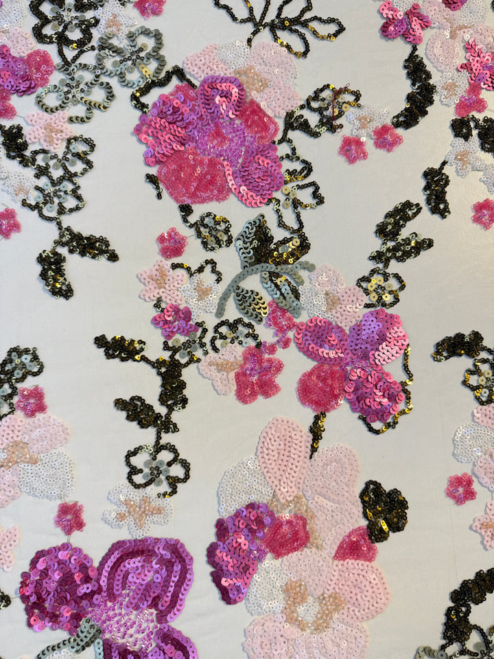 Luxury Pink & Gold Floral Sequin Embroidered Tulle Fabric (1 Piece = 2 Meter)