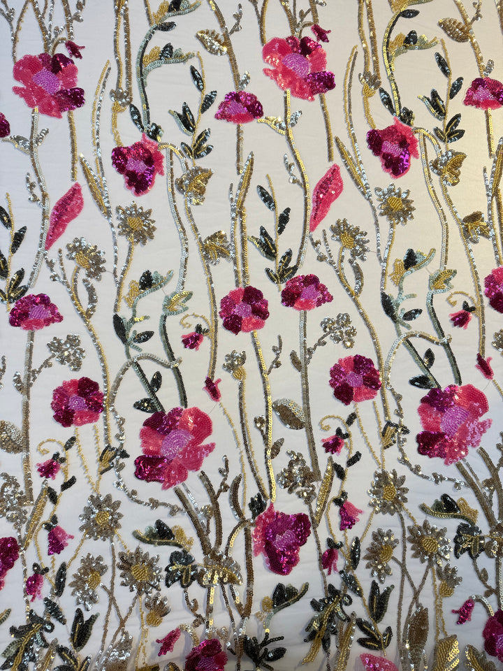Luxury Floral Sequin Embroidered Fabric – Pink & Gold Blossoms on Tulle ( By piece, each piece is 3 Meter)