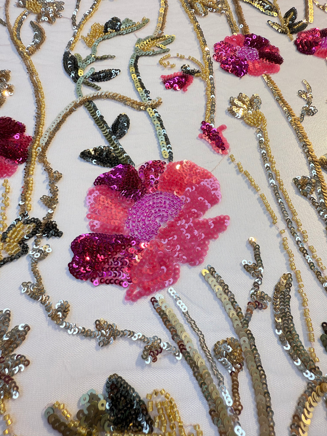 Luxury Floral Sequin Embroidered Fabric – Pink & Gold Blossoms on Tulle ( By piece, each piece is 3 Meter)
