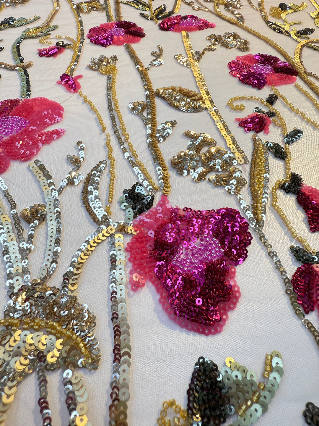 Luxury Floral Sequin Embroidered Fabric – Pink & Gold Blossoms on Tulle ( By piece, each piece is 3 Meter)