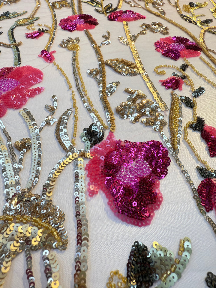 Luxury Floral Sequin Embroidered Fabric – Pink & Gold Blossoms on Tulle ( By piece, each piece is 3 Meter)