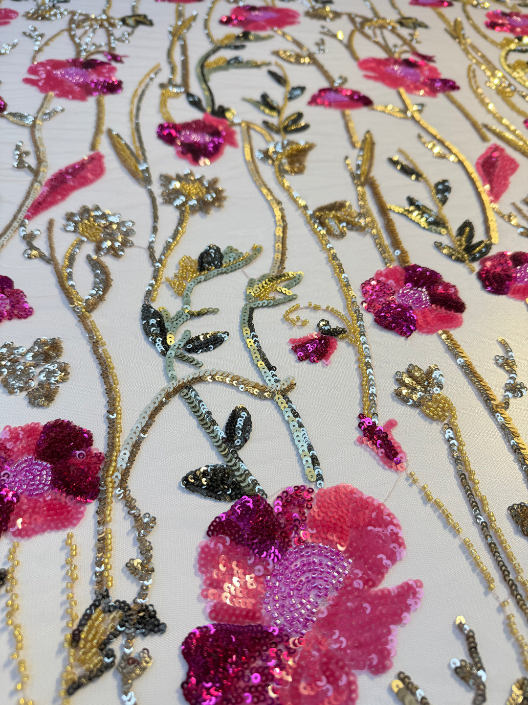 Luxury Floral Sequin Embroidered Fabric – Pink & Gold Blossoms on Tulle ( By piece, each piece is 3 Meter)