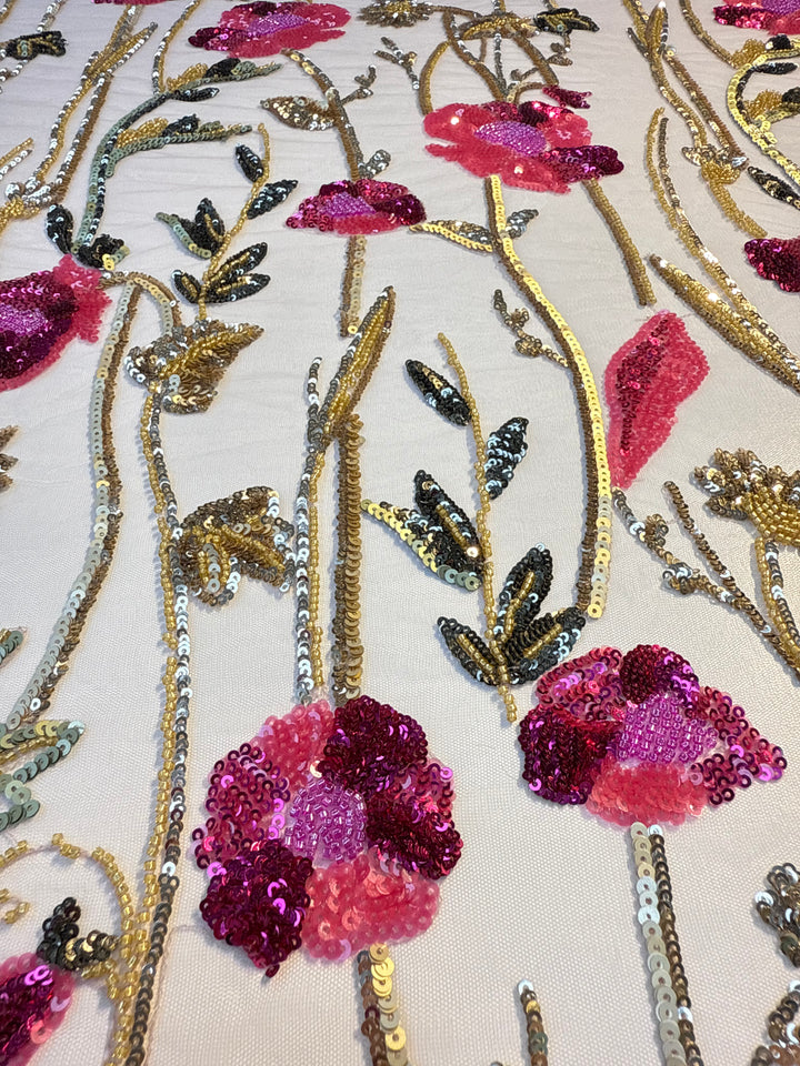Luxury Floral Sequin Embroidered Fabric – Pink & Gold Blossoms on Tulle ( By piece, each piece is 3 Meter)