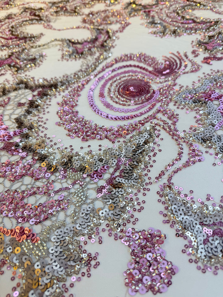 Luxury Pink & Silver Swirl Sequin Embroidered Tulle Fabric (1 Piece = 5 Meter)