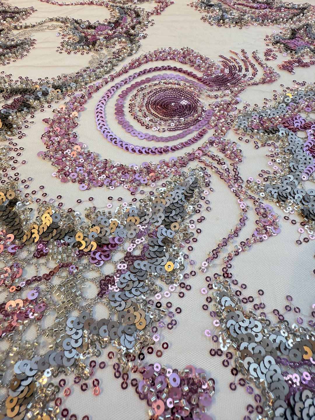Luxury Pink & Silver Swirl Sequin Embroidered Tulle Fabric (1 Piece = 5 Meter)