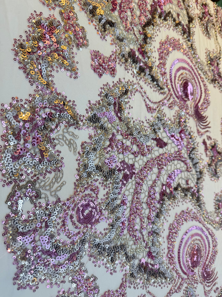 Luxury Pink & Silver Swirl Sequin Embroidered Tulle Fabric (1 Piece = 5 Meter)