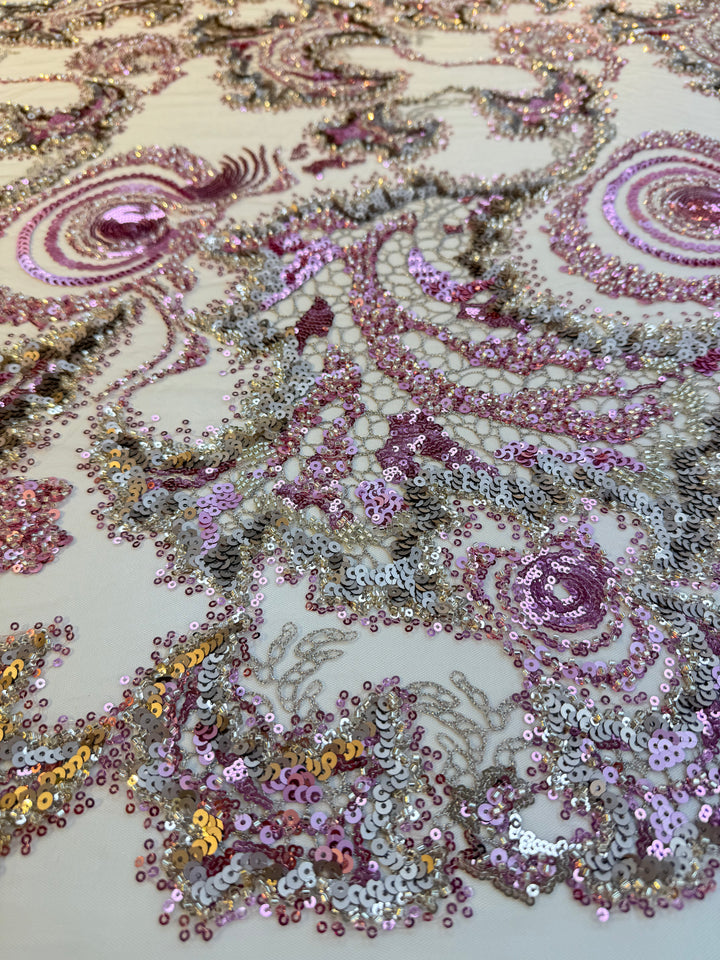 Luxury Pink & Silver Swirl Sequin Embroidered Tulle Fabric (1 Piece = 5 Meter)