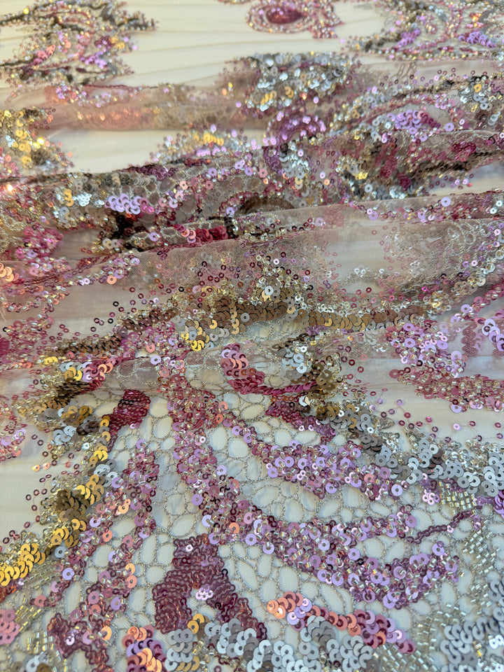 Luxury Pink & Silver Swirl Sequin Embroidered Tulle Fabric (1 Piece = 5 Meter)