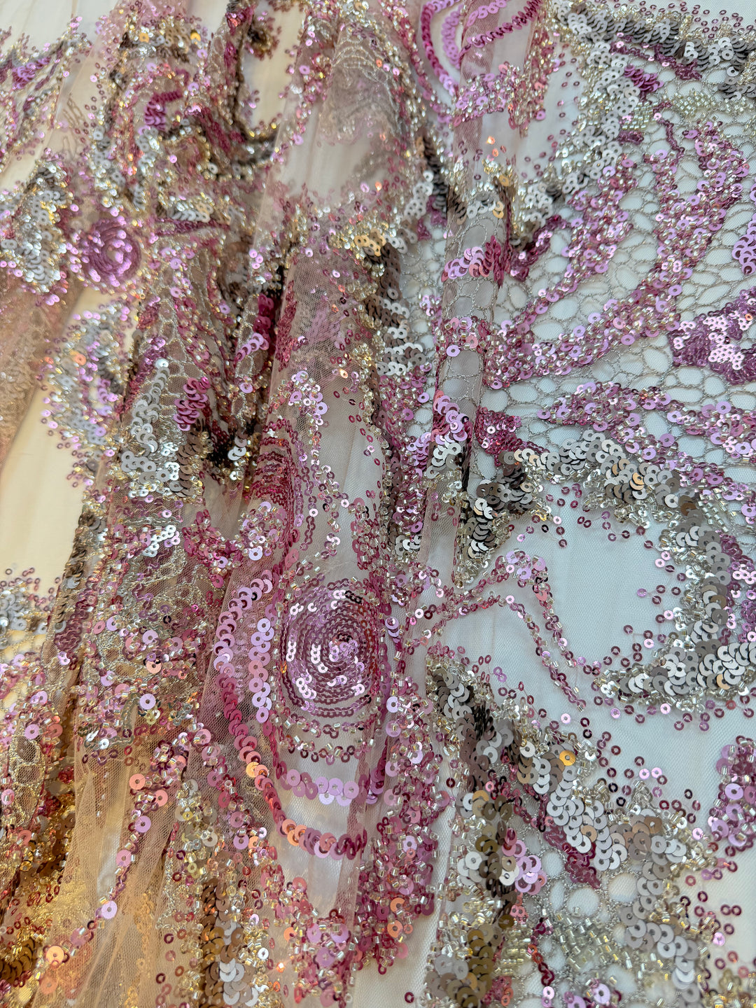 Luxury Pink & Silver Swirl Sequin Embroidered Tulle Fabric (1 Piece = 5 Meter)