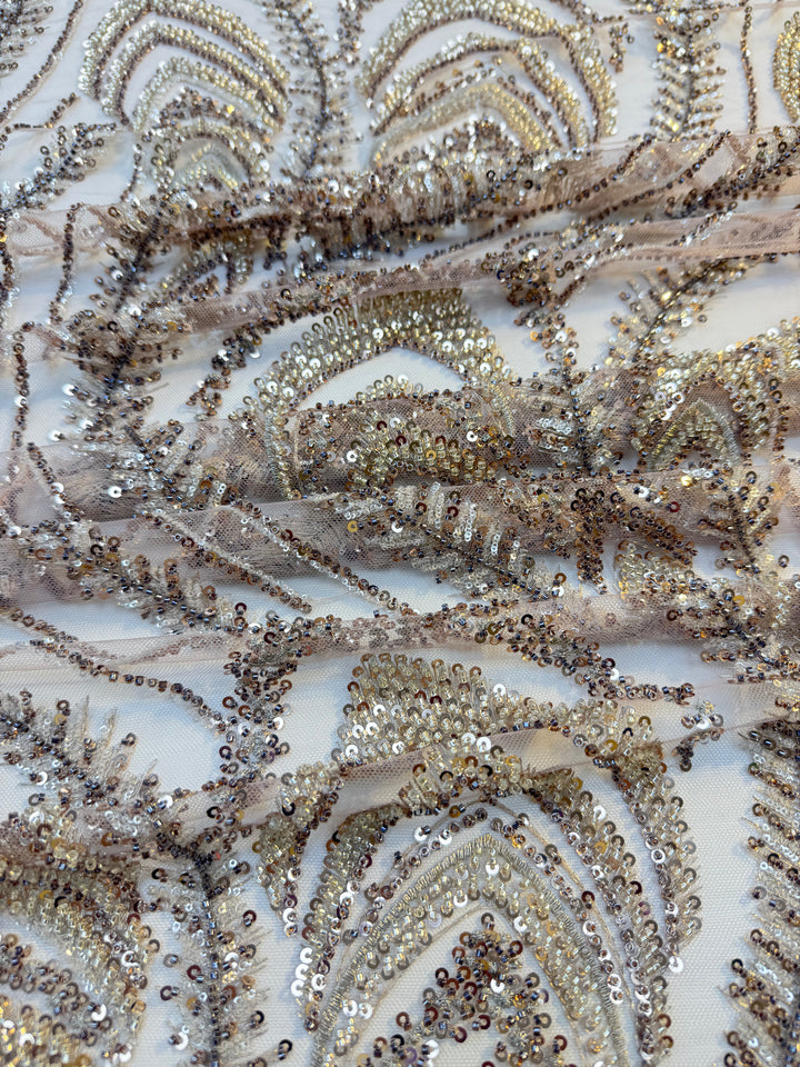 Luxury Blush Gold Sequin Embroidered Tulle Fabric – Feather & Leaf Pattern ( 1 piece = 4 Meter)
