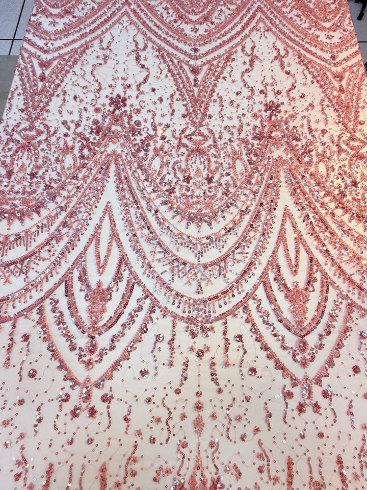 Luxury Rose Beaded & Sequin Embroidered Tulle – Haute Couture Evening & Bridal Fabric (By piece, each piece is 3 Meter)