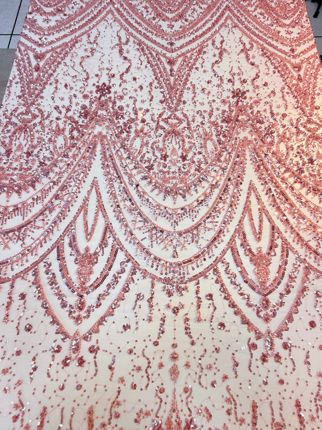 Luxury Rose Beaded & Sequin Embroidered Tulle – Haute Couture Evening & Bridal Fabric ( 1 Piece = 3 Meter)