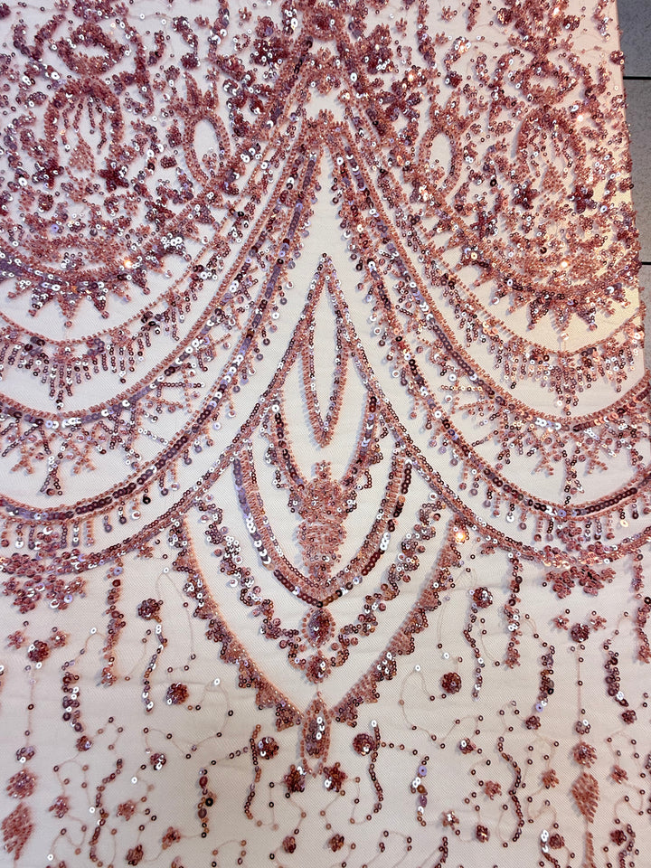 Luxury Rose Beaded & Sequin Embroidered Tulle – Haute Couture Evening & Bridal Fabric (By piece, each piece is 3 Meter)