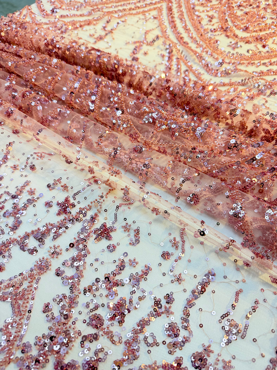 Luxury Rose Beaded & Sequin Embroidered Tulle – Haute Couture Evening & Bridal Fabric (By piece, each piece is 3 Meter)