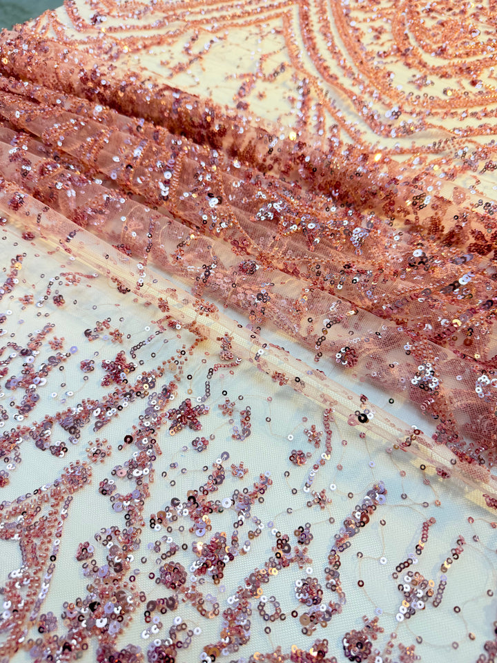 Luxury Rose Beaded & Sequin Embroidered Tulle – Haute Couture Evening & Bridal Fabric ( 1 Piece = 3 Meter)