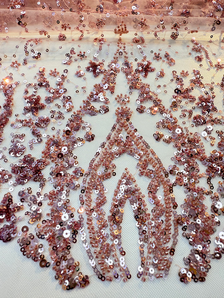 Luxury Rose Beaded & Sequin Embroidered Tulle – Haute Couture Evening & Bridal Fabric (By piece, each piece is 3 Meter)