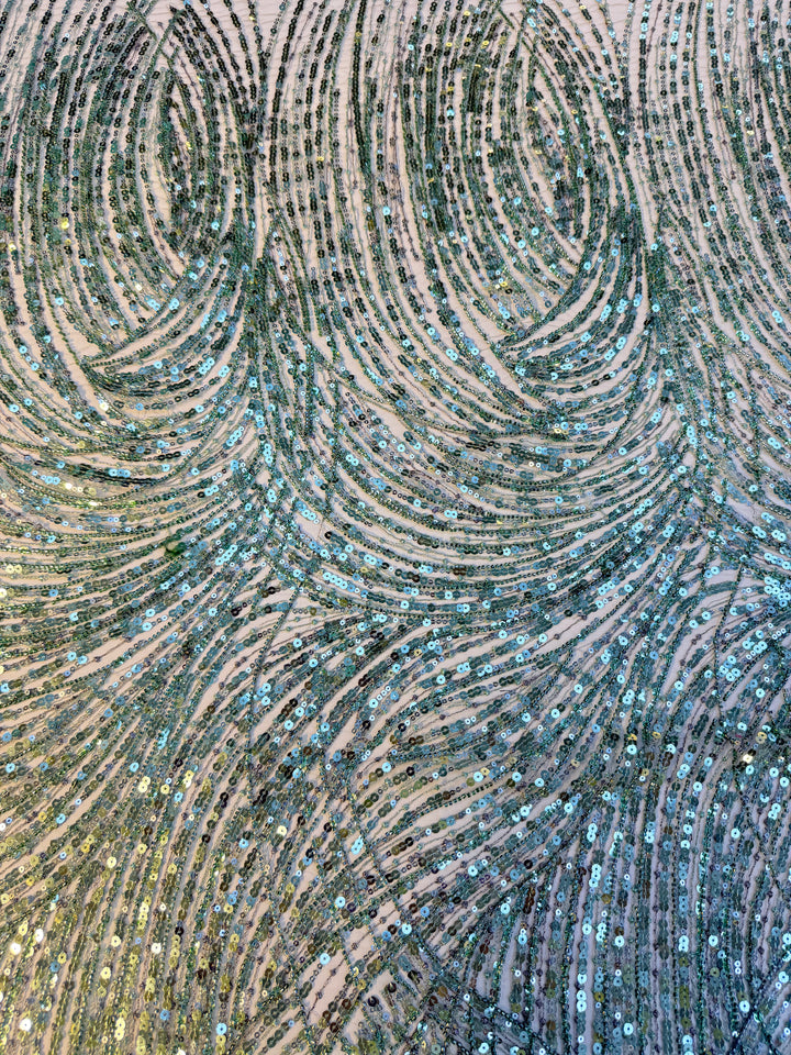 Luxury Mint Green Sequin Waves Embroidery Fabric – Haute Couture Edition
